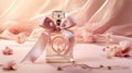 Poster featuring a pink perfume bottle. Adorned with a tasteful bow and a dazzling diamond,