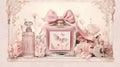 Poster featuring a pink perfume bottle. Adorned with a tasteful bow and a dazzling diamond,