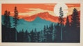 Mountain Art Print With Red And Orange Sky - Shepard Fairey Style