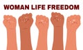 Poster with female hands clenched into a fist and the slogan - Woman, life, freedom. Royalty Free Stock Photo