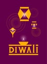 Poster for festival Diwali with sky lantern, fireworks and diya oil lamp in modern simplified style