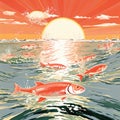 A poster with fish swimming in the ocean at sunset, AI Royalty Free Stock Photo