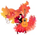 Poster with flamenco dancer. Young Spanish or gypsy girl in long red dress is dancing against background of bright mantone