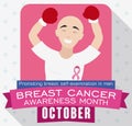 Victorious Bald Man Celebrating Breast Cancer Awareness Month, Vector Illustration Royalty Free Stock Photo