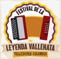 Tricolor Label, Ribbon and Accordion for Colombian Vallenato Legend Festival, Vector Illustration