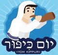 Man Wearing a Tallit and Blowing Shofar for Yom Kippur, Vector Illustration