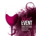 Poster, flyer or banner with wine stains background. Wine glass illustration. Vector spots and drops Royalty Free Stock Photo