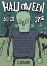 Poster or flyer for Halloween party. Zombies walking among the graves in the cemetery. Vector template illustration.