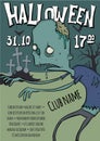 Poster or flyer for Halloween party. Zombies walking among the graves in the cemetery. Vector template illustration.