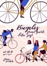 Poster, flyer or invitation template for bicycle parade, race or festival with men and women riding bikes. Colorful