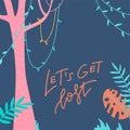 Poster or flyer template with colorful tropic leaves of exotic jungle plants and inspiring slogan Let`s Get Lost. Card with