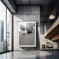 poster in frame on concrete wall, brutalism. Architecture in comunism. Propaganda. Generative AI