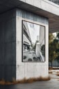 poster in frame on concrete wall, brutalism. Architecture in comunism. Propaganda. Generative AI