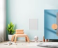 Poster frame mock up on blue wall in children room interior with colorful furniture and soft toys, scandinavian style kids room, Royalty Free Stock Photo