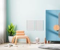 Poster frame mock up on blue wall in children room interior with colorful furniture and soft toys, scandinavian style kids room, Royalty Free Stock Photo