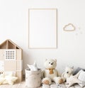 Poster frame mock up in child bedroom, Scandinavian unisex nursery design