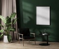 poster frame mock up on green wall with sunlight in modern room interior with chair and coffee table, 3d render Royalty Free Stock Photo