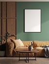 Poster frame mock-up in home interior background with bright sofa, green wall, table and decor in living room, 3d render