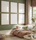 Poster frame mock-up in home interior background, living room in beige tones