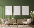 Poster frame mock-up in home interior on green background with rattan chair and decor in living room Royalty Free Stock Photo