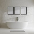 Poster frame mock up in modern bathroom with bathtub and decorative concrete wall with sunlight shadow, 3d rendering. Royalty Free Stock Photo