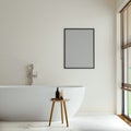 poster frame mock up in modern bathroom interior with free stand bathtub near window, 3d rendering. Royalty Free Stock Photo