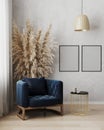 Poster frame mock up in modern living room interior background with dark blue armchair and gray wall, minimalistic scandinavian