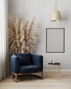 Poster frame mock up in modern living room interior background with dark blue armchair and gray wall, minimalistic scandinavian