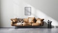 Poster frame mock up in modern living room interior with white wall and sun rays, brown leather sofa and black design coffee table Royalty Free Stock Photo