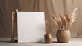 Poster frame mock up in neutral colors interior, wooden frame with dried flowers vase, AI generated Royalty Free Stock Photo