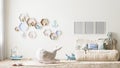 Poster frame mock up in stylish children`s room interior in light tones with toys, bed and shelves, 3d rendering Royalty Free Stock Photo