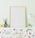 Poster frame mockup in children`s room standing of chest of drawers with funny kids print, with light green wall on background, 3