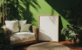 A poster frame mockup in a dark green living room interior, rendered in 3D Royalty Free Stock Photo
