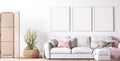 Poster frame mockup in modern living room design, bright interior with pink and white sofa on minimal background, panorama Royalty Free Stock Photo