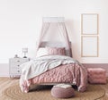 Poster frame mockup in pink girl bedroom