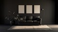 3 poster frames in a Dim Dark room with sofa,plant and floor lamp on a carpet. Black background. 3D rendering Royalty Free Stock Photo