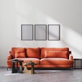 Poster frames mock up in modern living room interior with red sofa and wooden coffee tables, white wall and raw concrete floor, Royalty Free Stock Photo