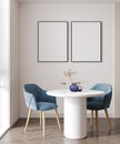 poster frames mock up in modern room minimalist interior with white table and blue chair, dining room, 3d rendering Royalty Free Stock Photo