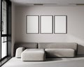 poster frames mockup in white room interior with sunlight shadows and gray sofa, 3d rendering