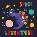 Poster with a friendly dinosaur in space