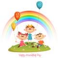 Poster with Friendship Day title and children, rainbow, flower and balloons. Vector illustration