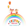 Poster with Friendship Day title and children on rainbow. Vector illustration