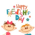 Poster with Friendship Day title and children. Vector illustration