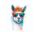 Poster of a funny llama with glasses in watercolor. Hippie style llama print. Llamas isolated on a white background Royalty Free Stock Photo