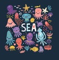 A poster with funny octopuses. Sea. Ocean Royalty Free Stock Photo