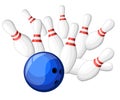 Poster games in the bowling club. Vector background design with strike at alley ball skittles. Flat illustration. Web site page an