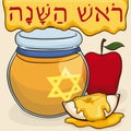 Jewish Honey Jar with Apple Slice for Rosh Hashanah, Vector Illustration