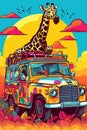 A poster of a giraffe and a jeep in a safari. Colorful abstract cheerful graphics