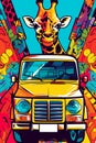 A poster of a giraffe and a jeep in a safari. Colorful abstract cheerful graphics