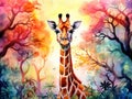 A poster with a giraffe. Watercolor cartoon giraffetropical animal illustration. Jungle exotic summer print. Royalty Free Stock Photo